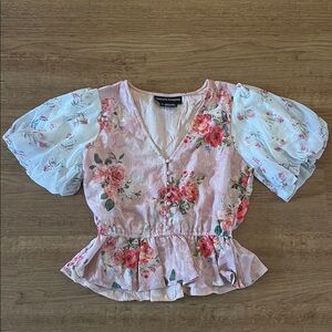 Hemant & Nandita Blouse Pink Rose Garden Shirt Embroidered Puff Sleeve Top XS